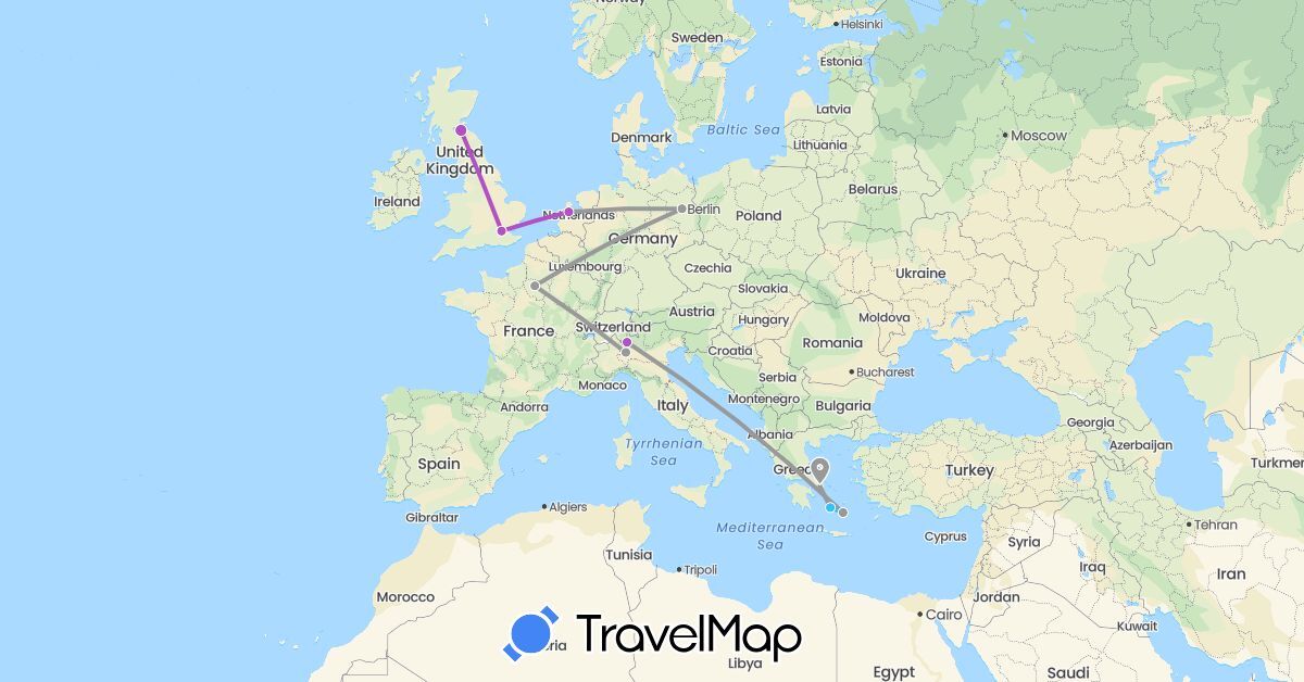 TravelMap itinerary: driving, plane, train, boat in Germany, France, United Kingdom, Greece, Italy, Netherlands (Europe)